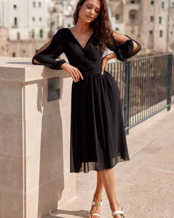 Rochie midi neagra din voal cu maneca lunga vaporoasa Melen