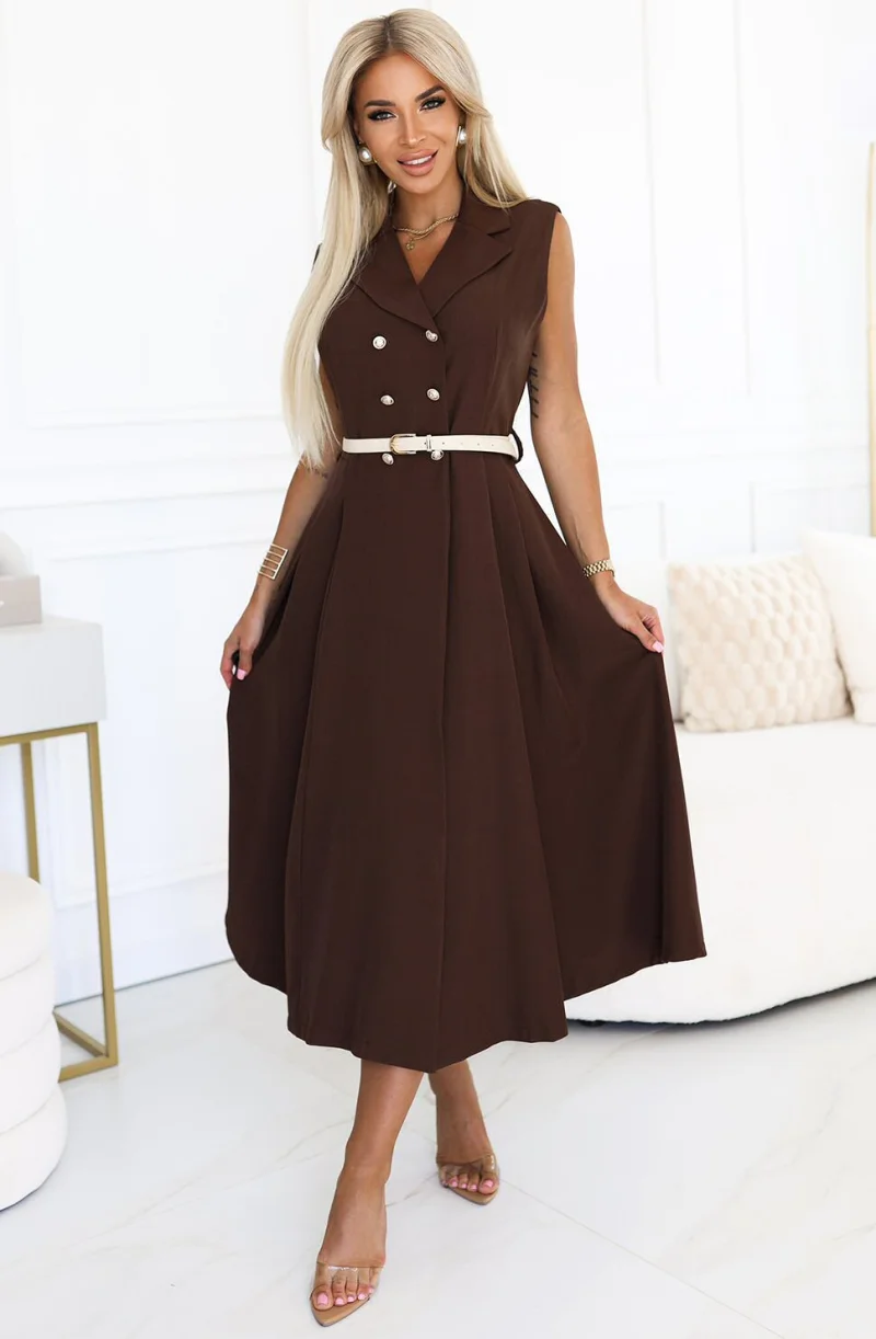 Rochie midi tip camasa maro ciocolata evazata Anemona