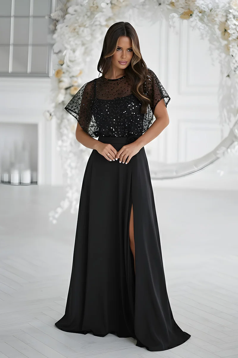 Rochie neagra eleganta lunga cu paiete pe bust vaporoasa Azaliya