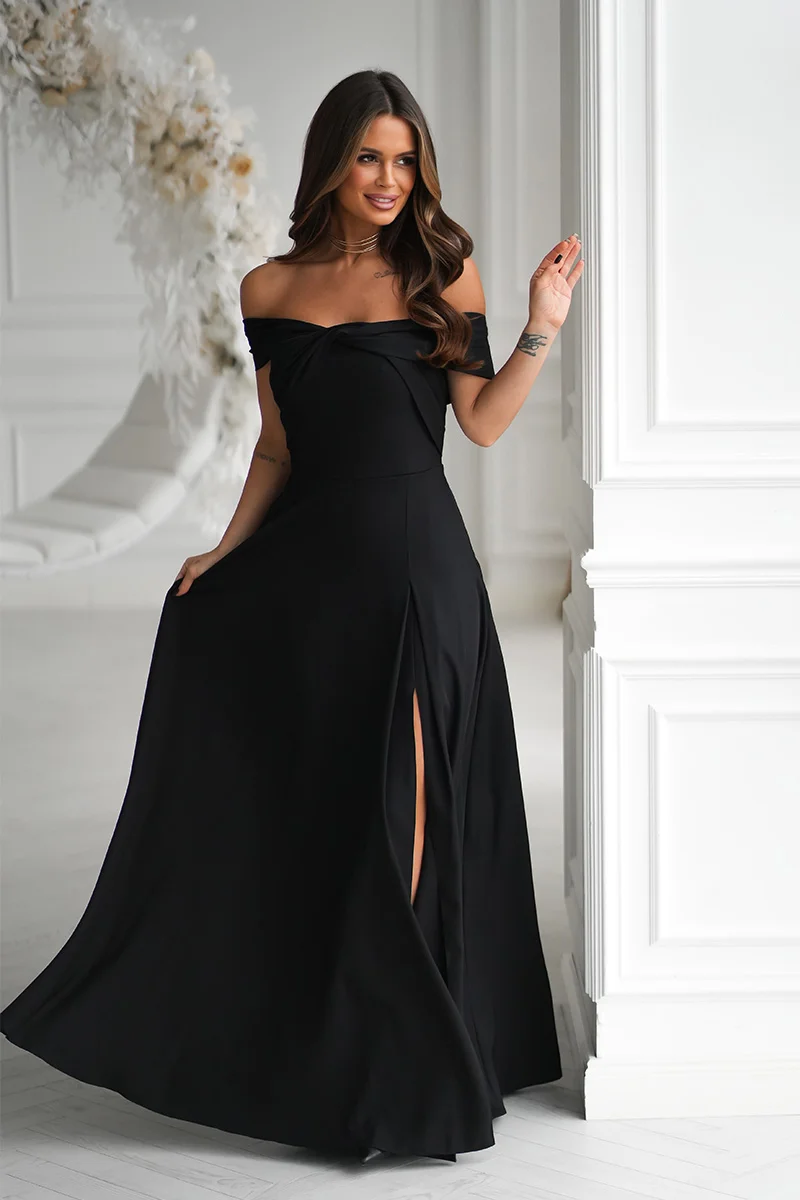 Rochie neagra lunga cu glitter vaporoasa cu umerii goi Moonlit