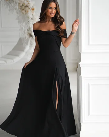 Rochie neagra lunga cu glitter vaporoasa cu umerii goi Moonlit