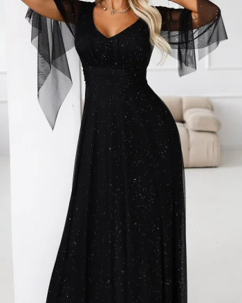 Rochie neagra lunga din brocard vaporoasa cu maneca lunga SheenyN