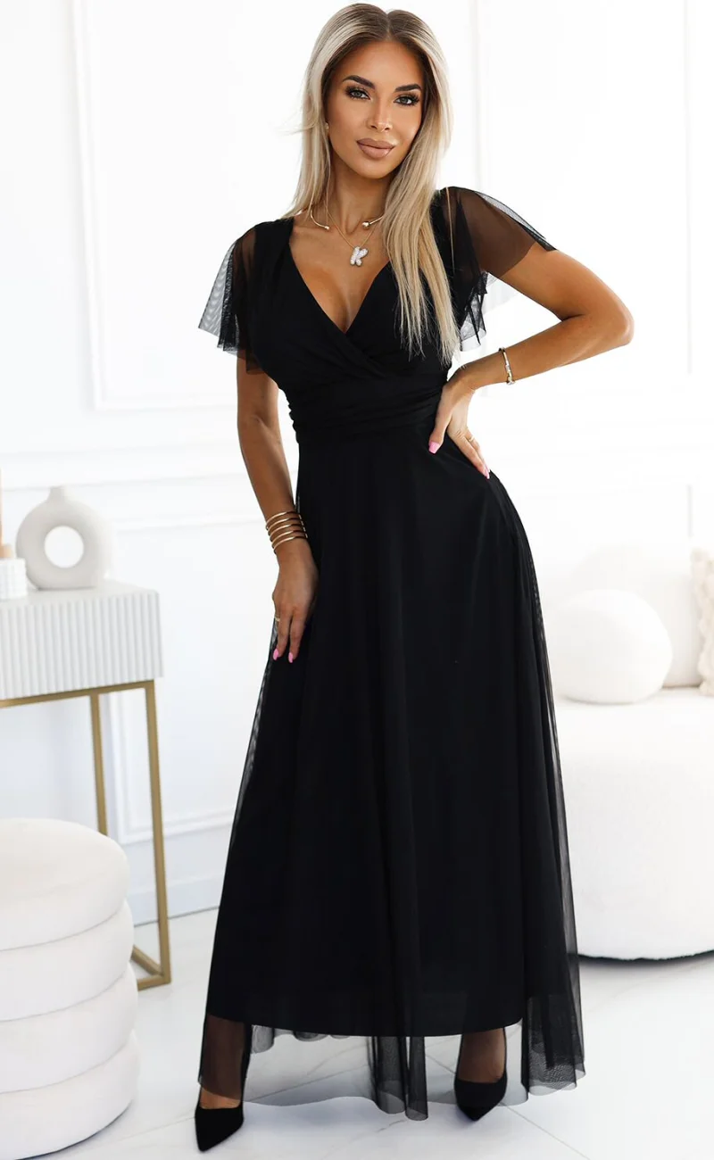 Rochie neagra lunga din tulle petrecuta cu maneca scurta vaporoasa NastiaN