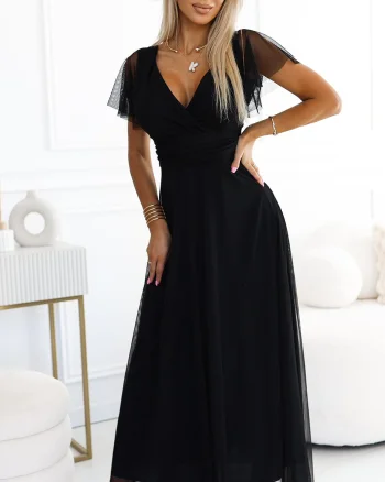Rochie neagra lunga din tulle petrecuta cu maneca scurta vaporoasa NastiaN