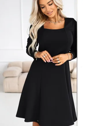 Rochie neagra midi evazata cu maneca lunga Yvanna