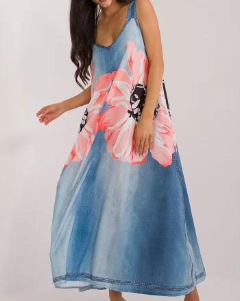 Rochie oversize lunga, din vascoza, bleu cu flori, vaporoasa, Ananke