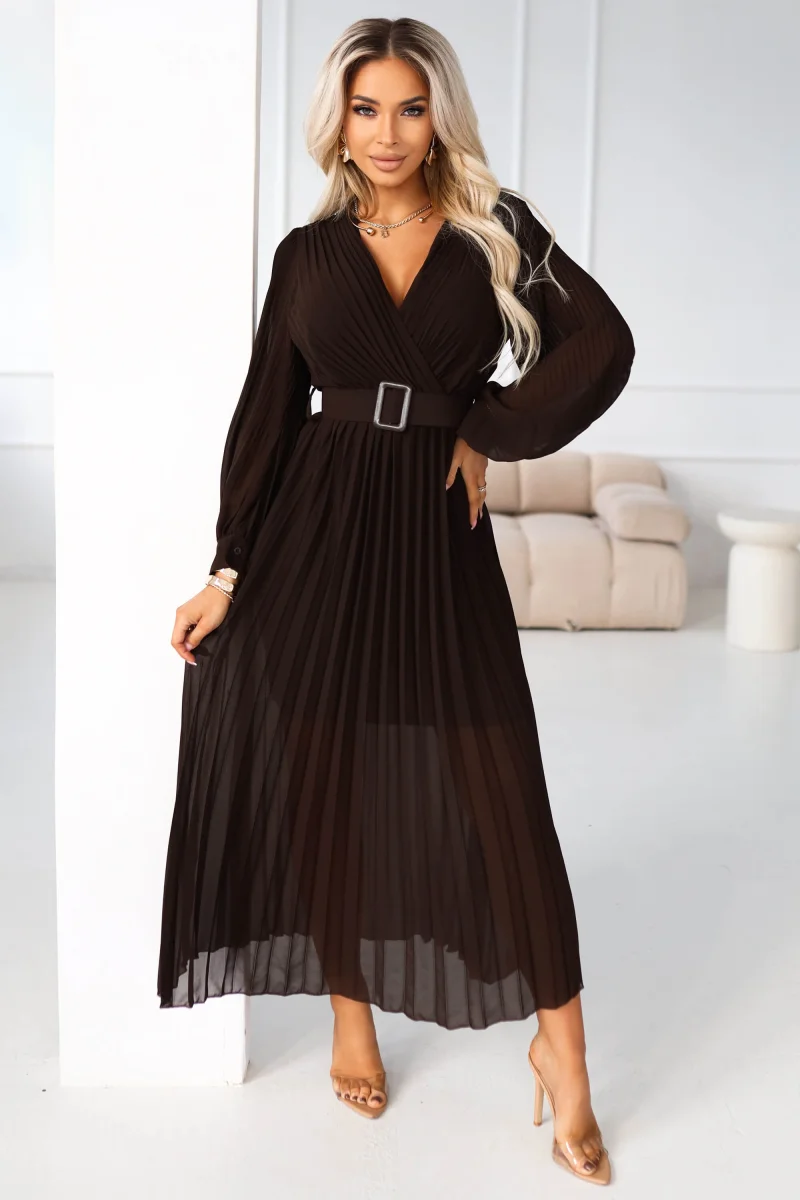 Rochie plisata lunga, din chiffon maro ciocolata, cu maneca lunga, vaporoasa, Vaneira
