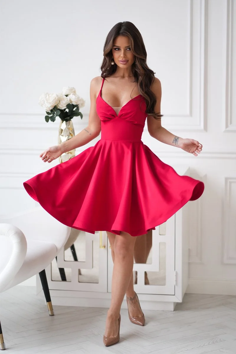 Rochie rosie baby doll scurta din brocard cu bust tip corset Rosalynn