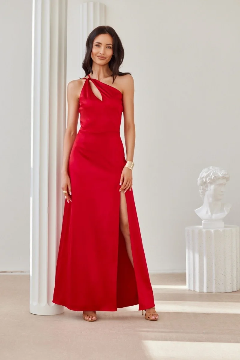 Rochie rosie de ocazie din satin lunga cu umerii goi MoanaR