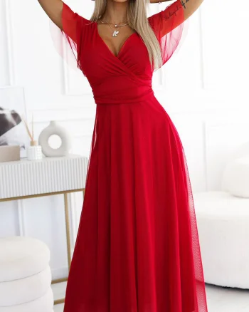 Rochie rosie eleganta lunga din tulle vaporoasa NastiaN