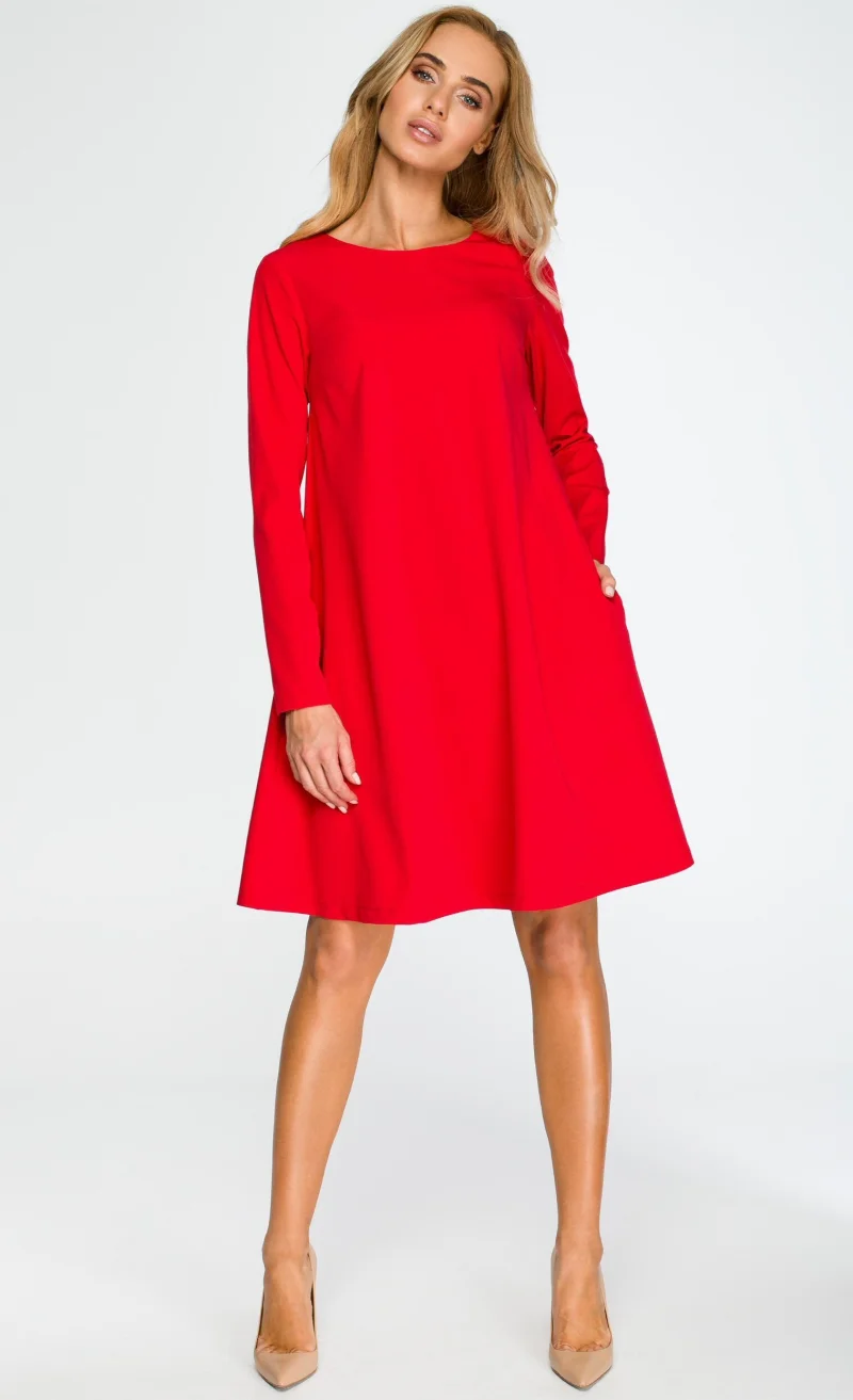 Rochie rosie midi evazata cu maneca lunga Aryena