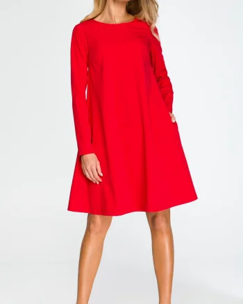 Rochie rosie midi evazata cu maneca lunga Aryena