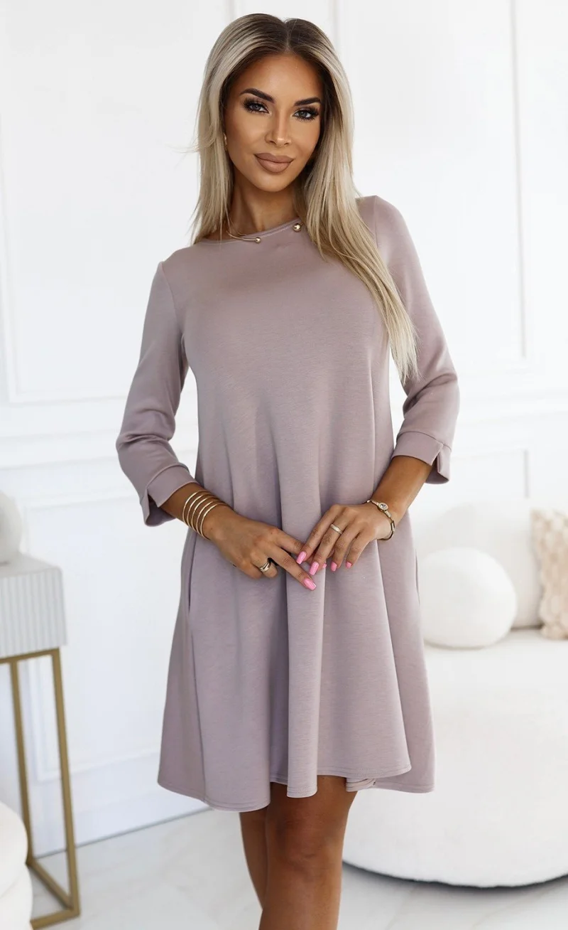 Rochie scurta A-line bej cu maneca lunga Shenya