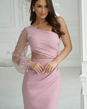 Rochie scurta cu paiete roz prafuit cu maneca lunga si un umar gol Seduction