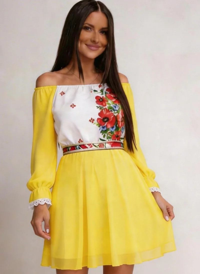 Rochie scurta galbena cu maci din voal cu motive traditionale Loredana