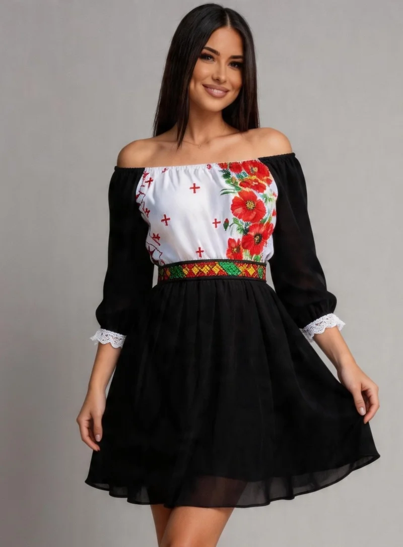 Rochie scurta neagra cu maci din voal cu motive traditionale Loredana