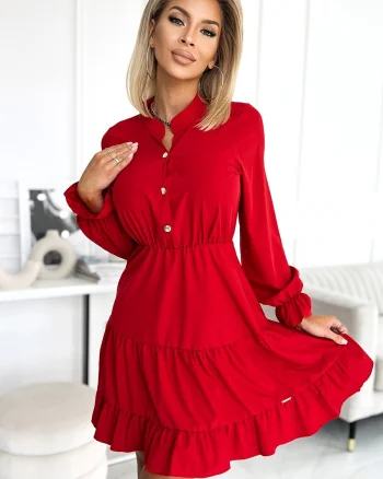Rochie scurta rosie tip camasa cu maneca lunga si volane Medeia