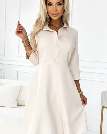 Rochie tip camasa midi bej cu maneca lunga Melina