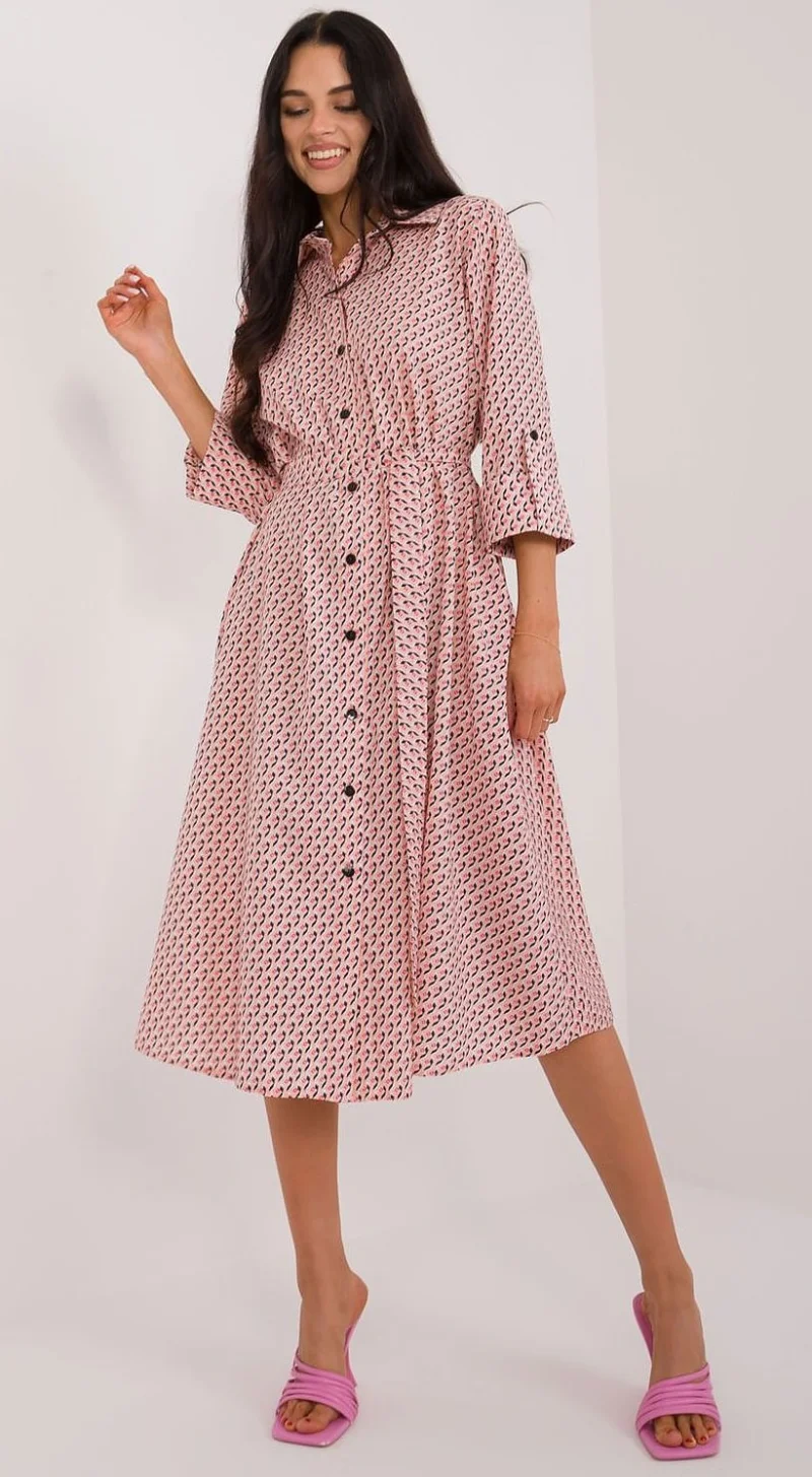 Rochie tip camasa roz prafuit cu print multicolor midi cu maneca trei sferturi Saila2