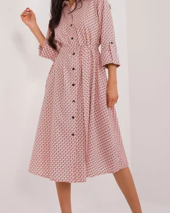 Rochie tip camasa roz prafuit cu print multicolor midi cu maneca trei sferturi Saila2
