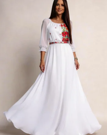 Rochie traditionala lunga alba din voal vaporoasa cu maci rosii Emanuela