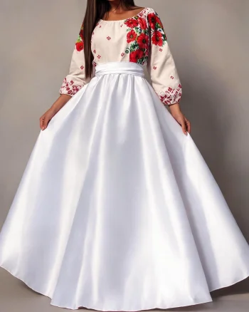 Rochie traditionala lunga din tafta alba Anna
