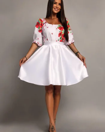 Rochie traditionala midi alba cu maci rosii Azra