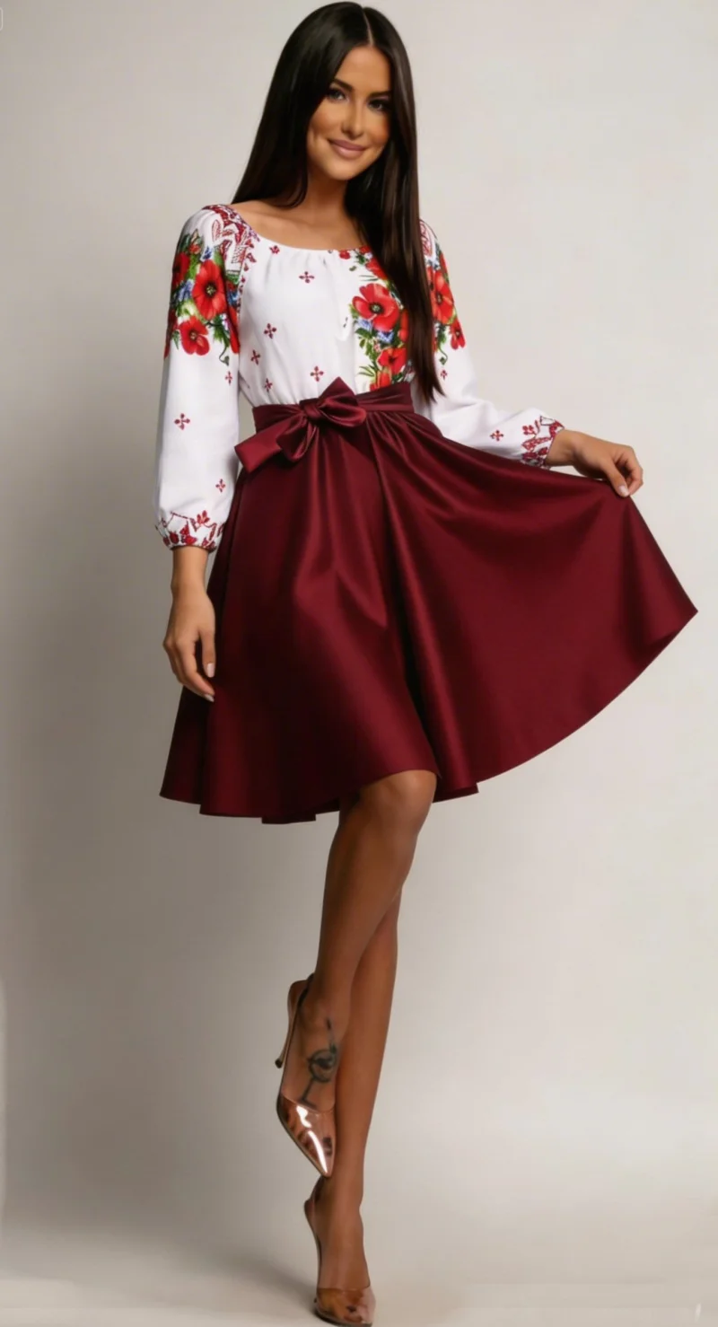 Rochie traditionala midi din tafta burgundy cu maci Azra