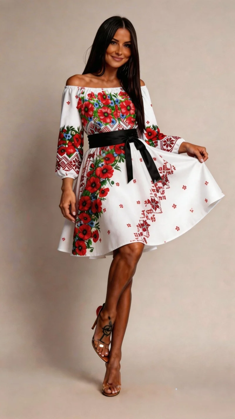 Rochie traditionala scurta alba cu maci rosii Lesya