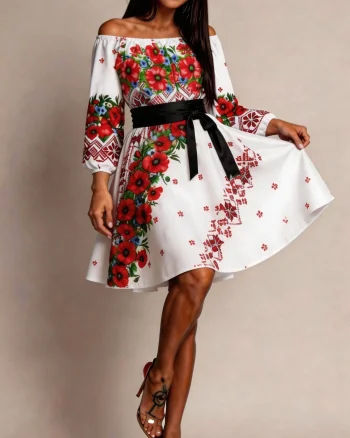Rochie traditionala scurta alba cu maci rosii Lesya