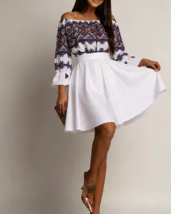 Rochie traditonala midi, din tafta alba, cu maneca lunga, Alessa