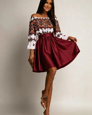 Rochie traditonala midi, din tafta burgundy, cu maneca lunga, Alessa