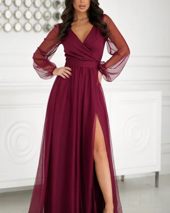 Rochie vaporoasa lunga burgundy din tulle cu maneca lunga SplendorB