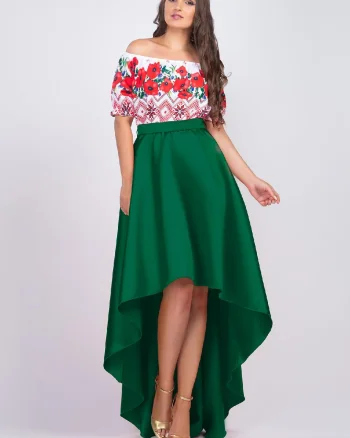 Rochie verde cu motive traditionale cu maci din tafta Byanca