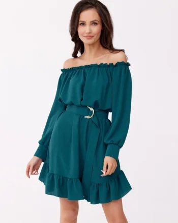 Rochie verde scurta cu volane umeri goi si maneca lunga Hilda