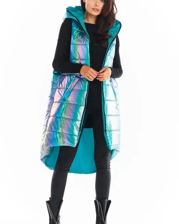 Vesta dama lunga oversize, albastra cu reflexii, asimetrica, cu gluga, Stacy
