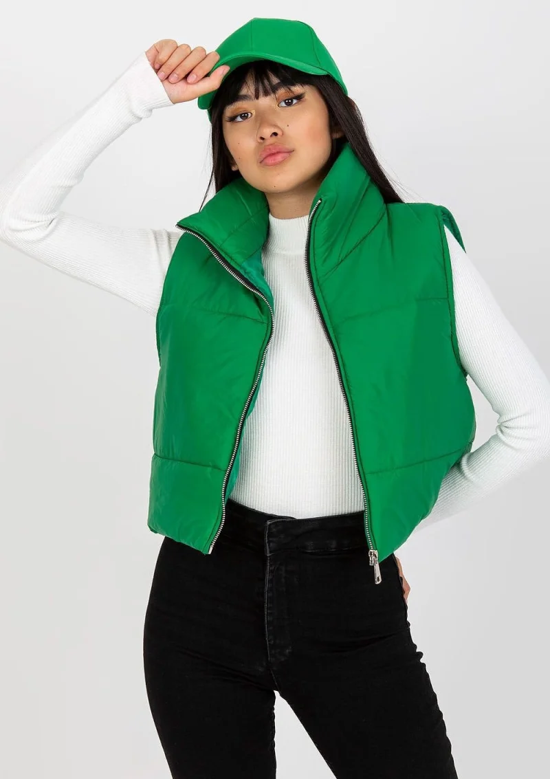 Vesta dama matlasata scurta, verde, cu guler inalt, Sindee