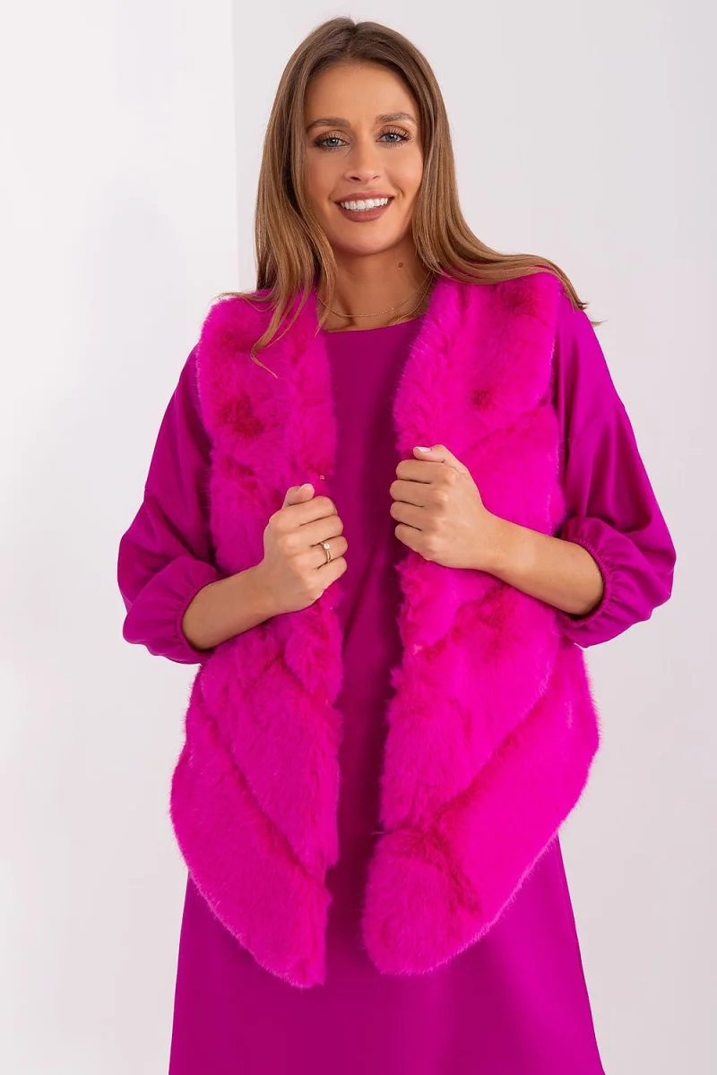 Vesta dama midi, din blana eco, roz fucsia, asimetrica, Odette