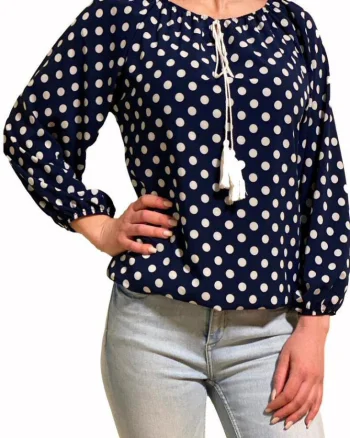 Bluza dama bleumarin cu bulinute albe din voal Brenna