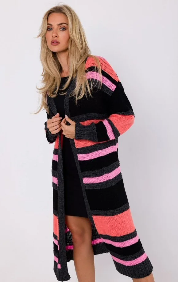 Cardigan dama midi, din acryl, negru cu dungi corai, Fatime