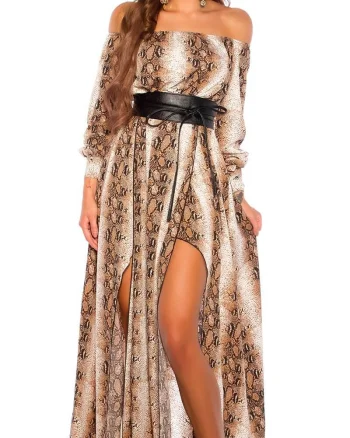 Rochie de ocazie eleganta lunga din satin snake print vaporoasa Gul
