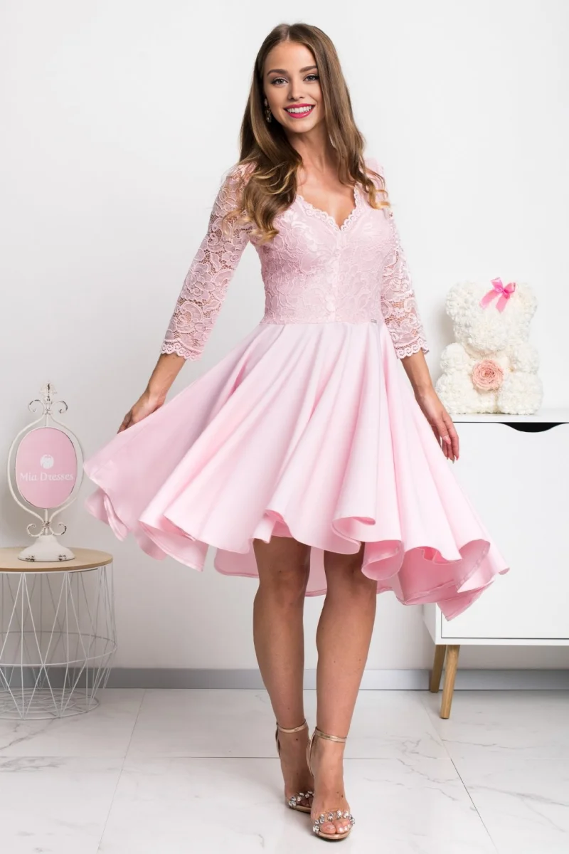 Rochie de ocazie midi, dantela, roz, cu maneca lunga, asimetrica, Anastasia