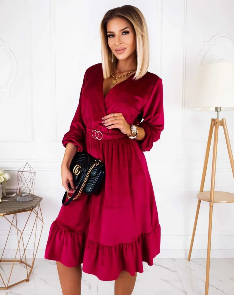 Rochie de ocazie midi, din catifea burgundy, cu maneca lunga si volan, Flavia