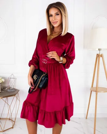 Rochie de ocazie midi, din catifea burgundy, cu maneca lunga si volan, Flavia