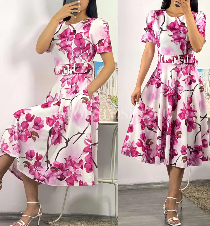 Rochie de vara alba cu flori roz in clos Adelaide