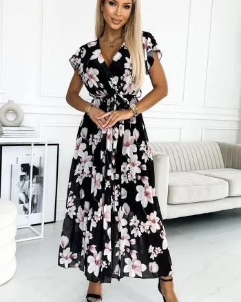 Rochie de vara lunga neagra cu flori ecru vaporoasa plisata Isolda