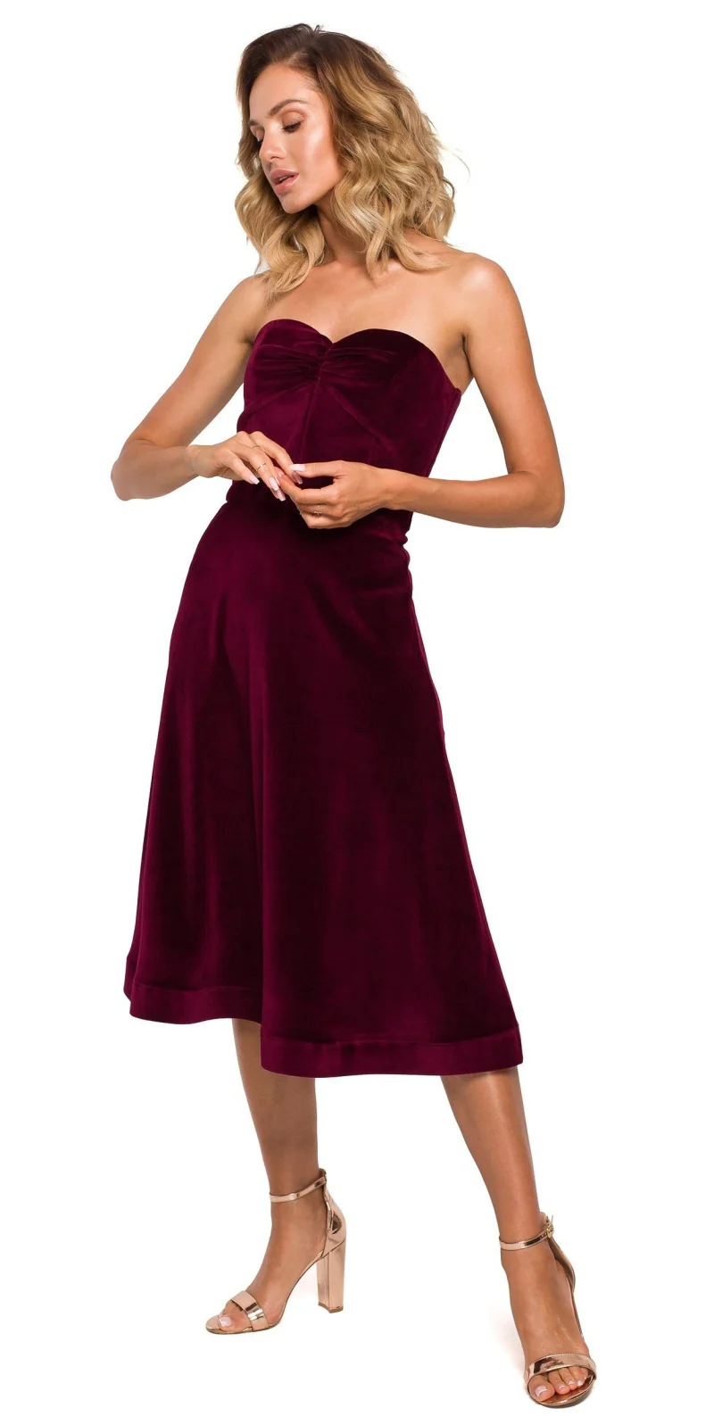 Rochie eleganta midi din catifea burgundy retro Morana
