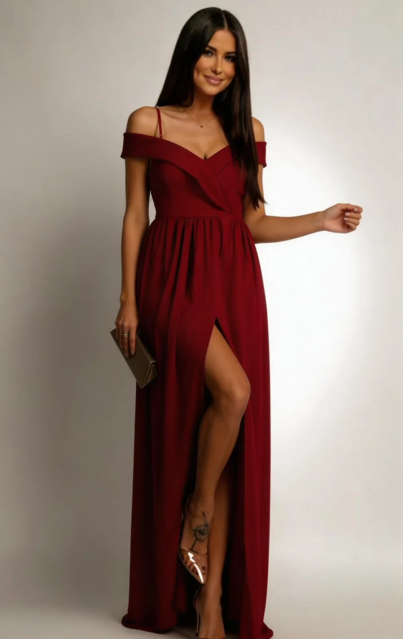 Rochie lunga burgundy cu umerii goi vaporoasa Kosmina