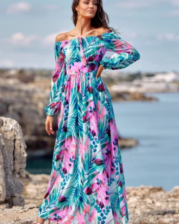 Rochie lunga de vara turcoaz cu flori lila vaporoasa cu maneca lunga si umeri goi Rosalie
