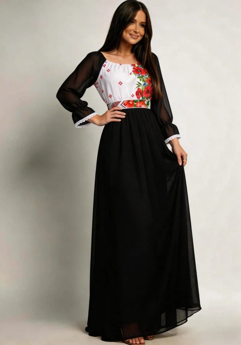 Rochie lunga neagra din voal cu motive traditionale vaporoasa Emanuela